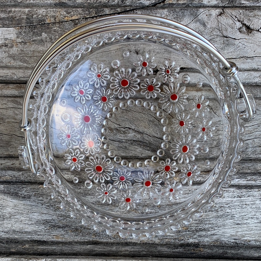 Vintage 70’s Walther Kristallglas Glass Daisy “Fabiola Basket Red Accent Dots - Picture 3 of 16